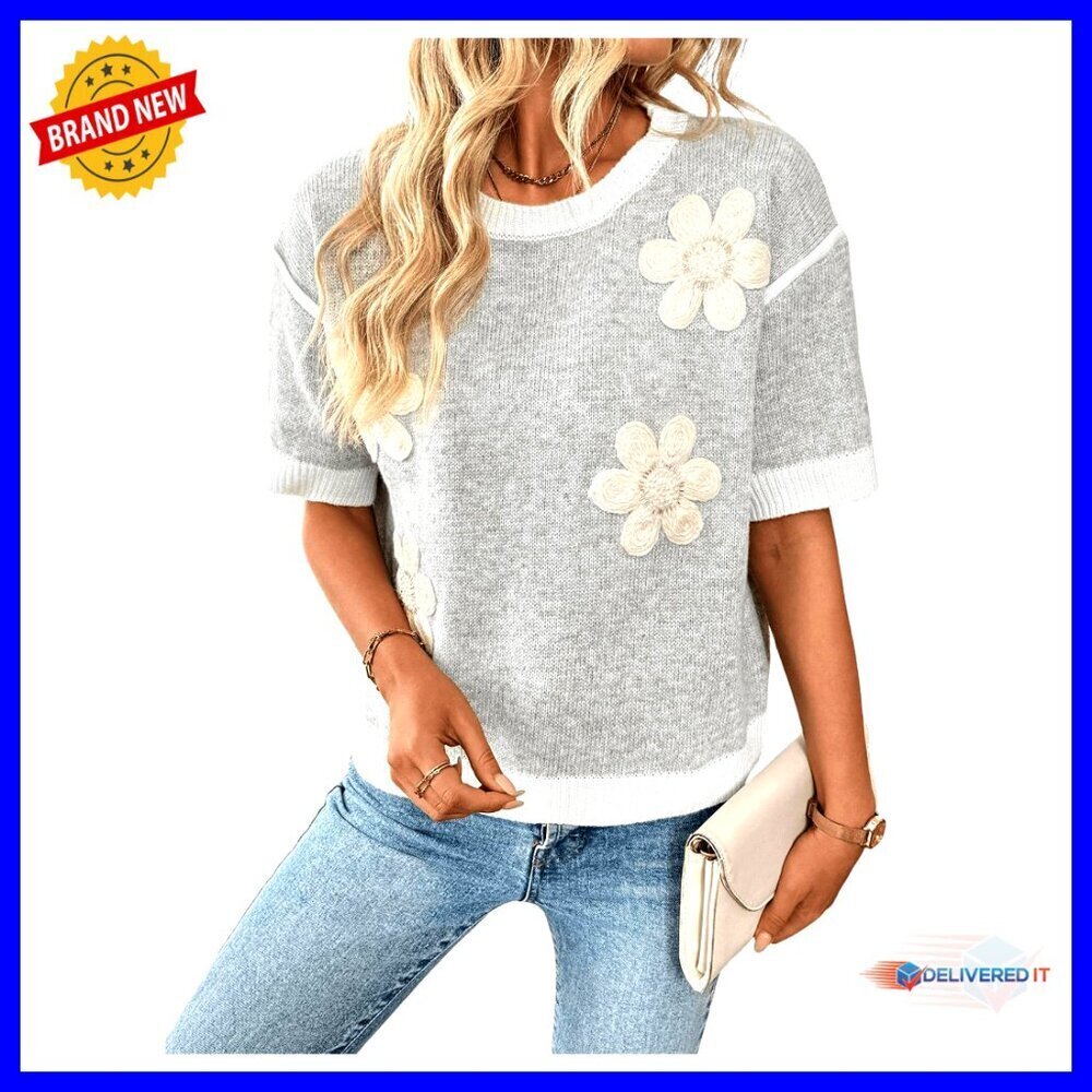 Short Sleeve Crew Neck Flower Loose Knit Sweater Pullover Top Y2K Chic